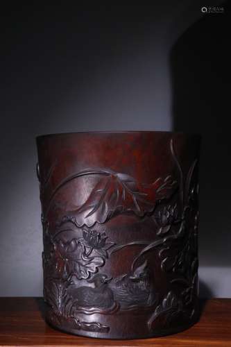 A Chinese Rosewood Ducks Pattern Brush Pot