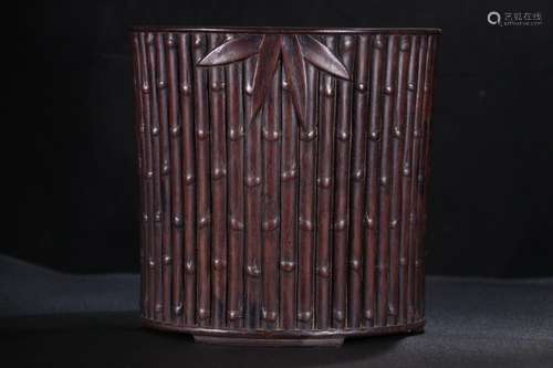 A Chinese Rosewood Bamboo Pattern Brush Pot