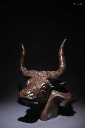 A Chinese Bronze Ware Bull Head Shaped Ornament Embeded Gold&Silver