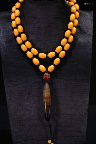 A Tibetan Yellow Sherpa Glass Bead Necklace With Agate