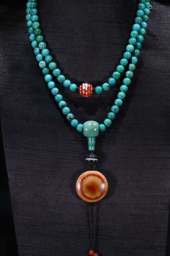 A Tibetan Turquoise Stone Necklace With Dzi