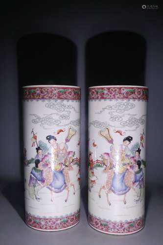 Pair Of Chinese Porcelain Famille Rose Figure-Story Brush Pots