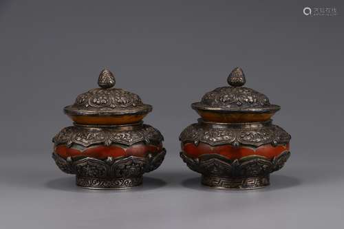 Pair Of Chinese Wood Lotus Pattern Jars Embeded Silver