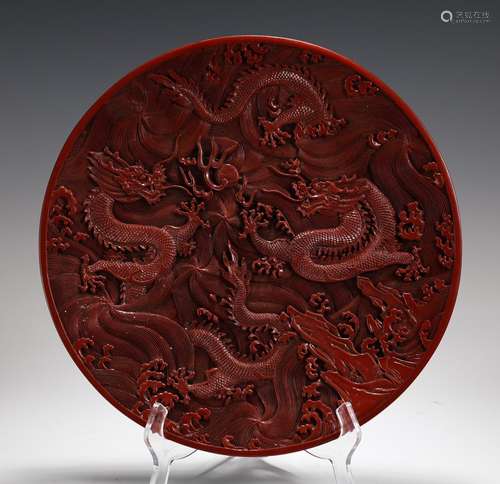 A Chinese Red Lacquerware Dragon Plate