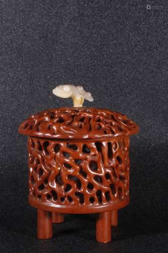 A Chinese Boxwood Censer Embeded Shoushan Stone Button