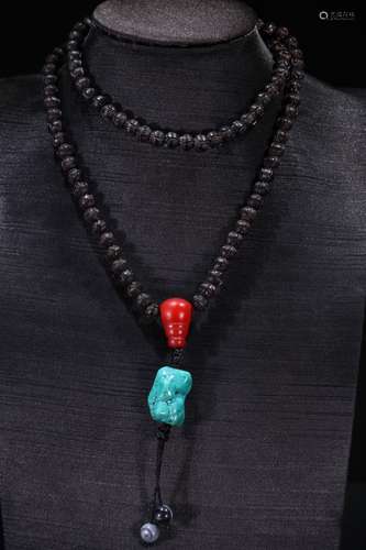 A Chinese Agarwood Necklace With Turquoise Stone