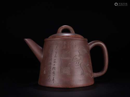 A Chinese Zisha Teapot Of Poetry Carving