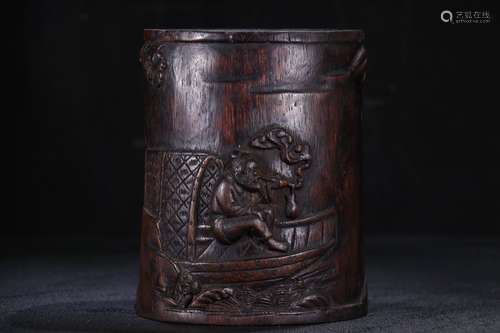 A Chinese Agarwood Figure-Story Brush Pot