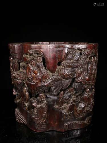 A Chinese Agarwood Arhat Carved Brush Pot