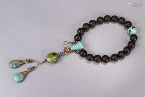 A Chinese Agarwood Bracelet With Turquoise Stone