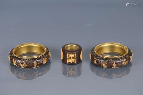 Set Of Chinese Agarwood Bangles&Thumb Ring Embeded Gilt Silver