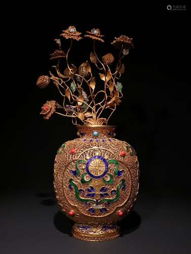 A Chinese Gilt Silver Vase Embeded Gems