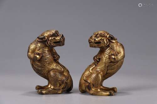 Pair Of Chinese Gilt Bronze Beast Paperweights