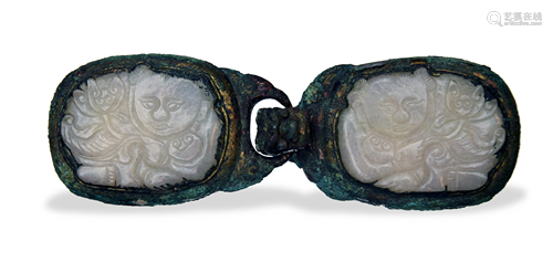 Chinese Gilt Bronze Jade Belt Buckle, Ming