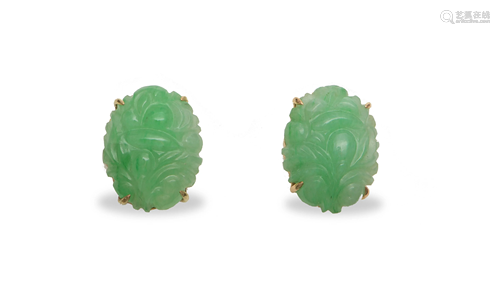 Pair of Chinese Jadeite and 14K Cufflinks, Republic