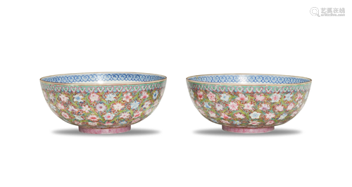 Pair Chinese Millefleur Porcelain Bowls, Republic