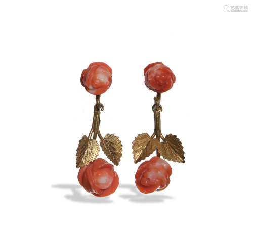 Pair of Chinese Coral Earrings with Roses, Republic