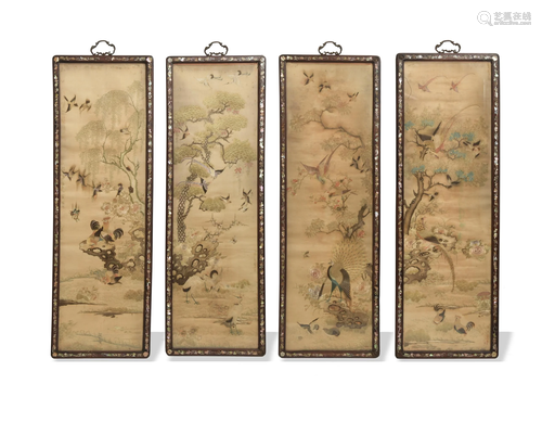 4 Chinese Canton Silk Panels with Flowers, 19th Century