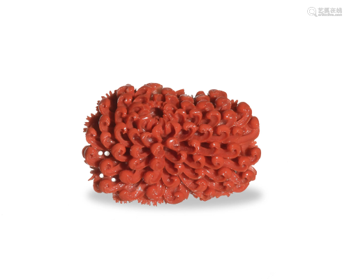 Chinese Coral Carved Chrysanthemum, Republic