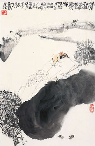 王西京 1998年作 高枕石眠图 立轴 设色纸本
