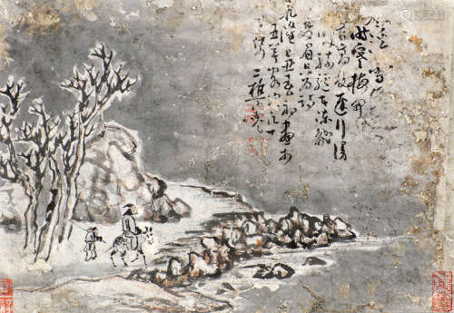 黎简 1769年作 雪山行旅图 镜框 设色纸本