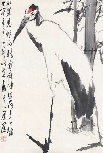 王子武 1987年作 竹林仙鹤图 软片 设色纸本