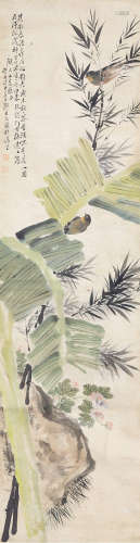 胡大文 1873年作 蕉叶憩鸟图 立轴 设色纸本