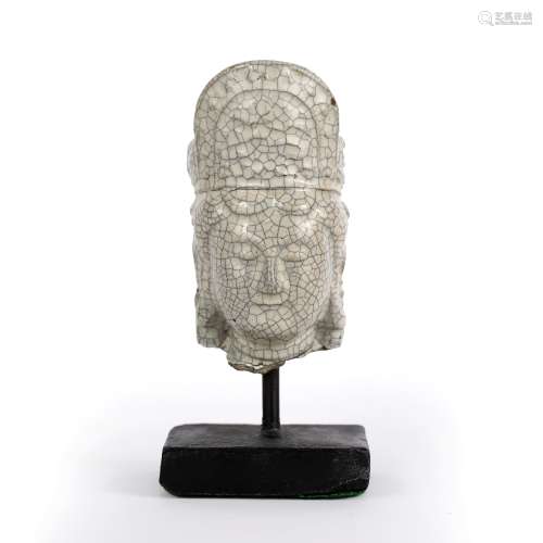 Crackle glaze Guanyin head Chinese, 19th Century depicted with an elongated crown, on a later leaded