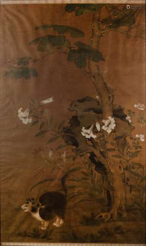 Large painting on silk Chinese, 17th/18th Century probably originally a scroll depicting a cat