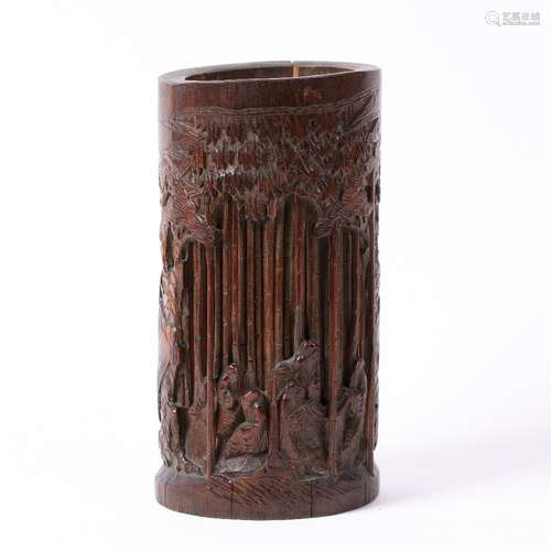 Bamboo brush pot Chinese carved with figures under a pine tree, 21cm high, 10.5cm across