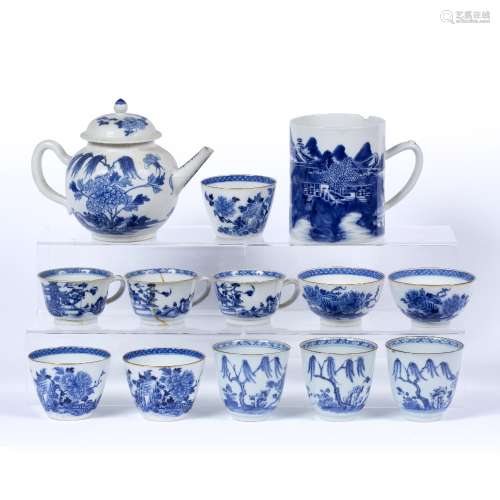 Group of blue and white porcelain Chinese to include six wine cups decorated in the willow