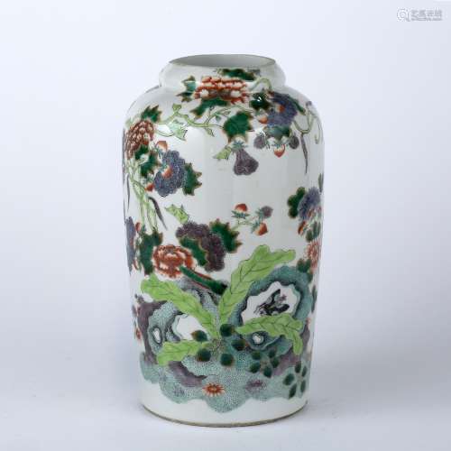 Famille verte Rouleau vase Chinese enamelled bird on flowering peony roots, 27cm high