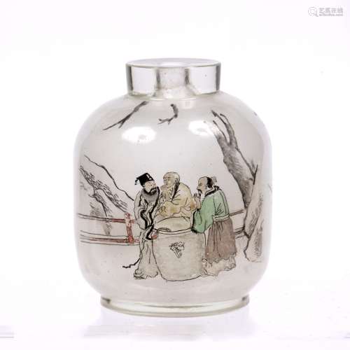 Inside painted snuff bottle Chinese painted with a punt and scholars, 7.cm high