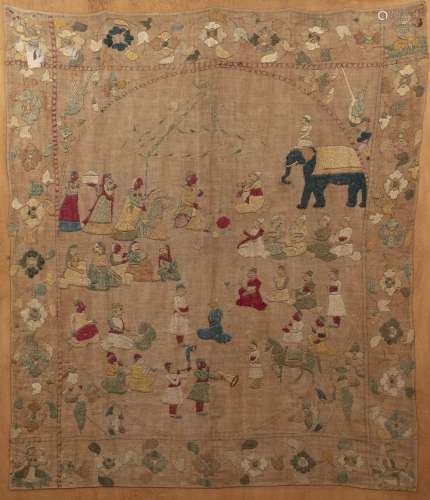 Silk embroidered panel Goa, Indian, 17th/18th Century the centre embroidered with figures sat