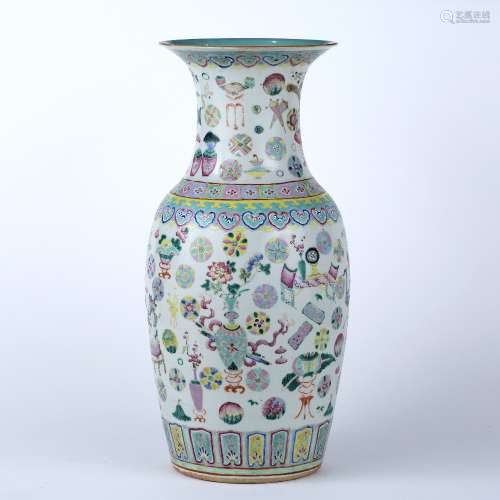 Canton vase Chinese decorated to the body in pink enamels depicting precious objects, 45.5cm high