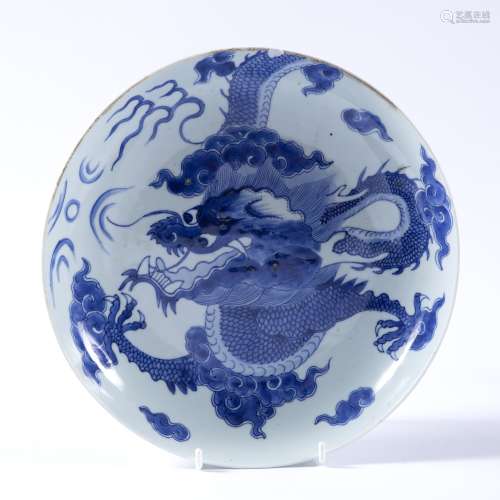 Blue and white porcelain saucer shaped bowl Chinese decorated in the Kangxi style, depicting a