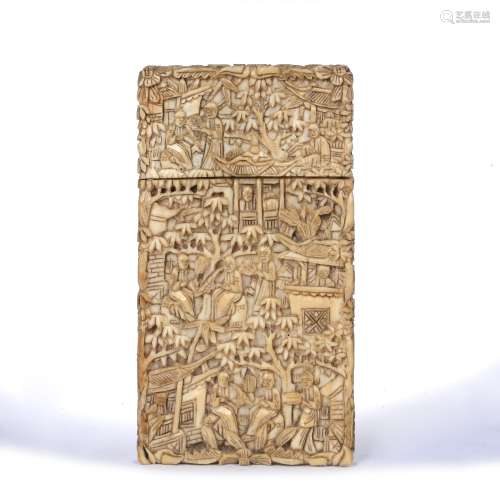 Canton ivory card case Chinese, 19th Century intricately carved with figures, temples and pine
