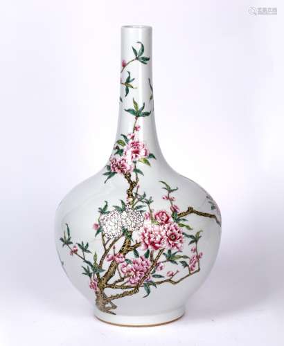 Porcelain bottle vase Chinese, Republic of white ground with peony spray, six character Qing