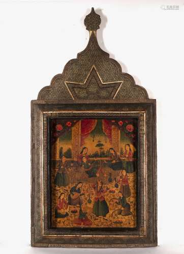Framed painted panel Persian depicting women in a court scene, in a framed sedeli style frame,