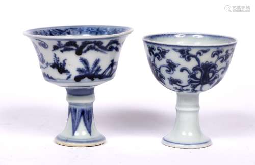 Export blue and white stem cup Chinese, late Ming decorated with two figures in a landscape amidst