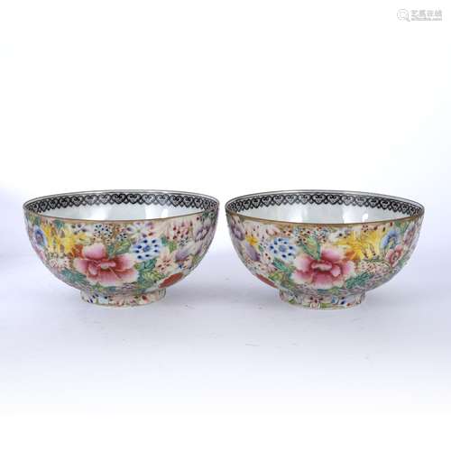 Pair of egg shell bowls Chinese, Republic period (1912-1949) with millefleur decoration to the