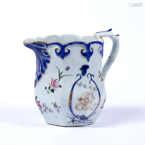 Porcelain jug Chinese export, circa 1790-1810 after a Staffordshire pottery prototype, initialled '