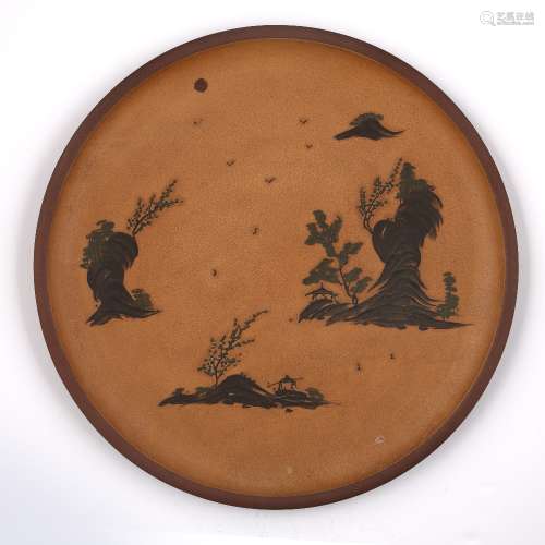Yixing tray Chinese, 20th Century painted with scattered trees and birds, 37.5cm across