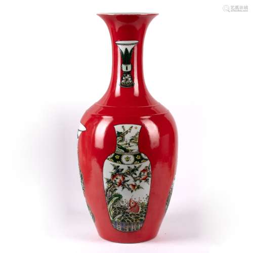Porcelain baluster vase Chinese, Republic of red ground with cartouches of enamelled vase shapes