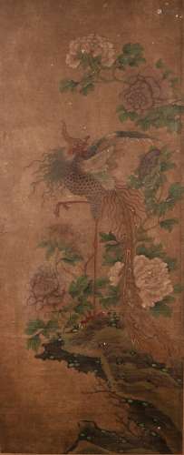 Pair of framed scrolls Chinese, 17th/18th Century painted with phoenix amongst foliage, peonies