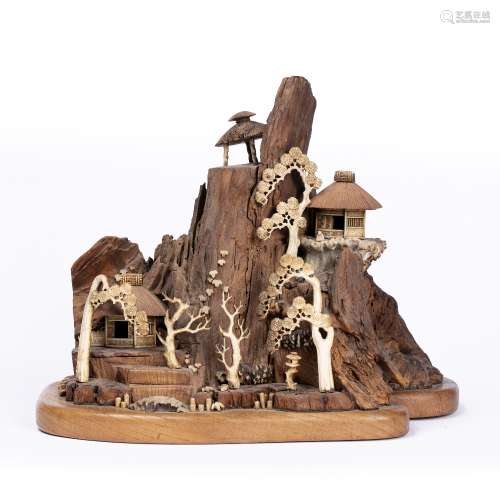 Wooden model of a mountain village Japanese, early 20th Century with ivory or bone trees and