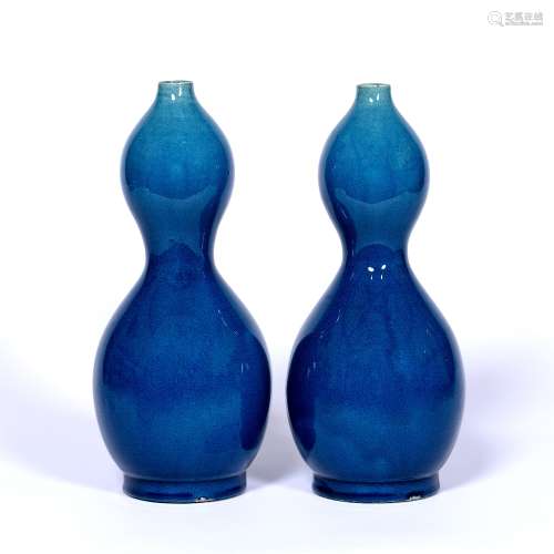 Pair of double gourd vases Chinese in blue speckle glaze, 24cm high (2)