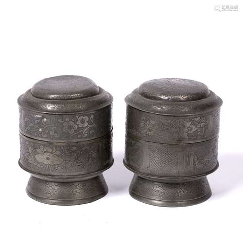 Pair of Paktong containers Chinese each of stepped cylindrical form, with engraved butterflies,