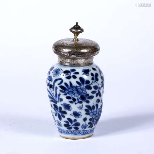 Blue and white jar Chinese, Kangxi period (1662-1722) decorated to the body with foliate splays,