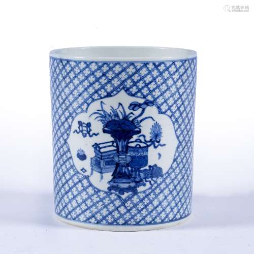 Blue and white porcelain brush pot Chinese, Qing decorated with scholar's objects in two reserved